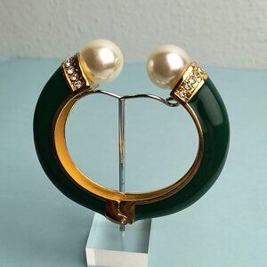 Statement Chunky Glaze Hinged Cuff Bracelet Faux Pearl Rhri Deep Green G…